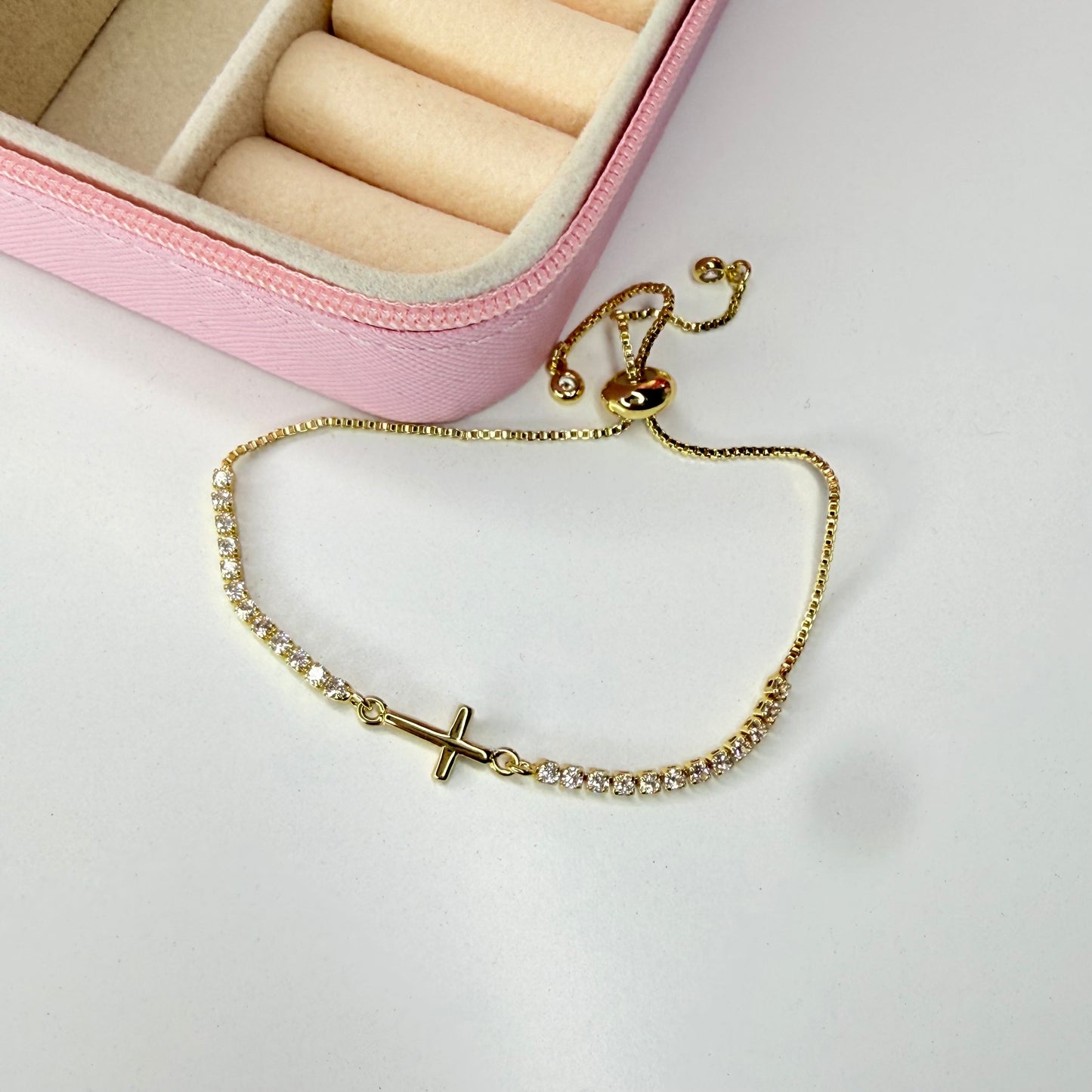 Pulsera cruz ajustable CHAPA DE ORO 18k(C163)