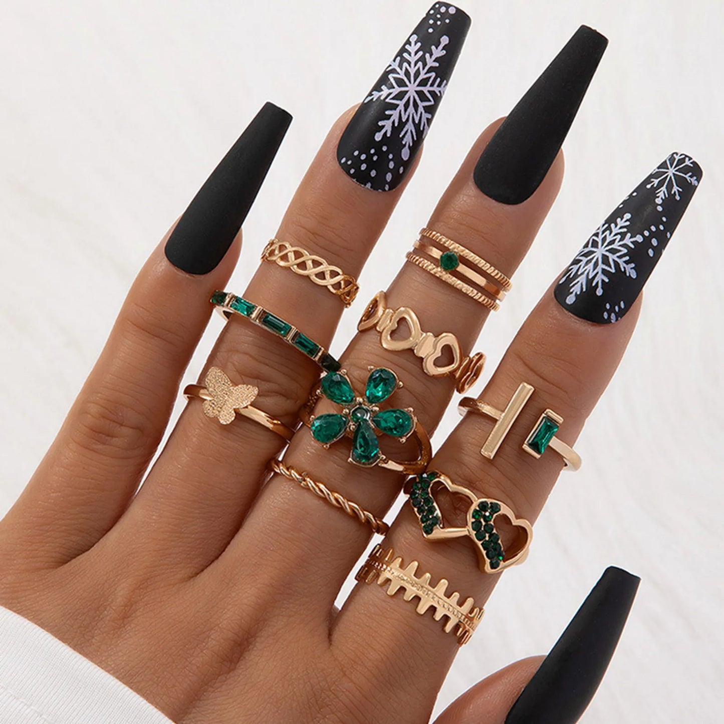Anillos set verde flor 10 pzs(I201)