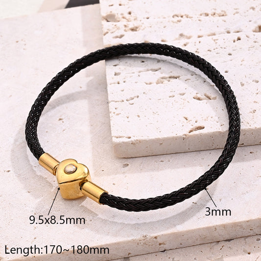 Pulsera negra corazón (compatible con Charms ) 19 cm(E129)